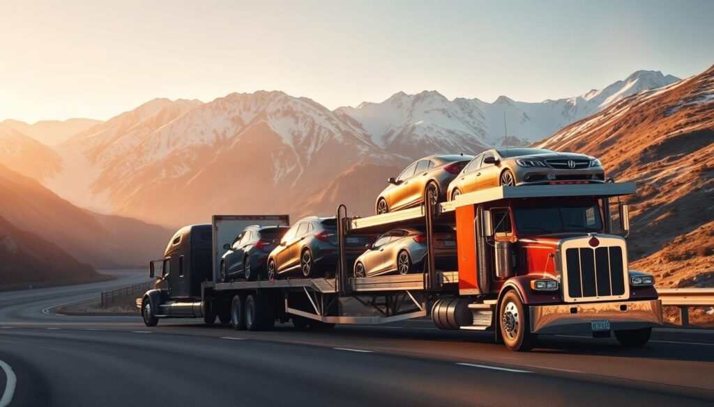 A well-maintained, modern semi-truck towing a car carrier trailer on a winding highway, cutting through rugged, snow-capped mountains. The trailer is loaded with a diverse array of vehicles, including sedans, SUVs, and pickup trucks, all securely fastened and protected. The scene is bathed in warm, golden sunlight, casting long shadows and creating a sense of depth and dimension. The truck's chrome accents and the trailer's sleek design exude a professional, reliable aesthetic. The overall composition conveys a sense of efficiency, safety, and the seamless transportation of valuable cargo across the border between the United States and Canada. A well-maintained, modern semi-truck towing a car carrier trailer on a winding highway, cutting through rugged, snow-capped mountains. The trailer is loaded with a diverse array of vehicles, including sedans, SUVs, and pickup trucks, all securely fastened and protected. The scene is bathed in warm, golden sunlight, casting long shadows and creating a sense of depth and dimension. The truck's chrome accents and the trailer's sleek design exude a professional, reliable aesthetic. The overall composition conveys a sense of efficiency, safety, and the seamless transportation of valuable cargo across the border between the United States and Canada.