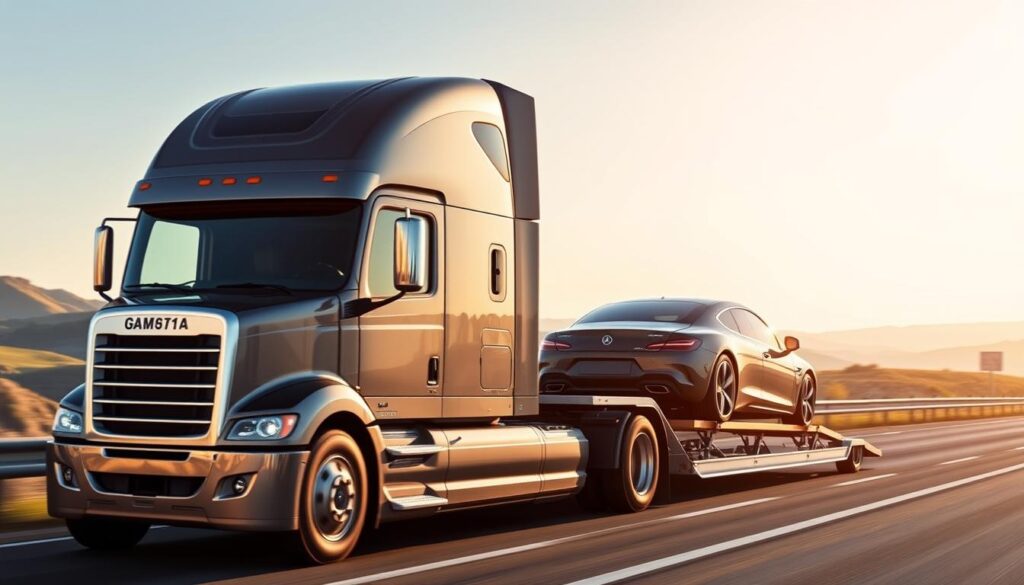 A well-maintained, modern semi-truck transports a luxury sedan across a scenic border crossing. The truck's cab is sleek and aerodynamic, with a shiny chrome grille and prominent company logo. The sedan is securely strapped to a sturdy trailer, its glossy paint reflecting the warm, diffused sunlight. In the background, rolling hills and a clear blue sky create a peaceful, tranquil atmosphere. The scene conveys a sense of professionalism, reliability, and trust in the cross-border car transport service. A careful, experienced driver navigates the vehicle with precision, ensuring the safe delivery of the valuable cargo. A well-maintained, modern semi-truck transports a luxury sedan across a scenic border crossing. The truck's cab is sleek and aerodynamic, with a shiny chrome grille and prominent company logo. The sedan is securely strapped to a sturdy trailer, its glossy paint reflecting the warm, diffused sunlight. In the background, rolling hills and a clear blue sky create a peaceful, tranquil atmosphere. The scene conveys a sense of professionalism, reliability, and trust in the cross-border car transport service. A careful, experienced driver navigates the vehicle with precision, ensuring the safe delivery of the valuable cargo.