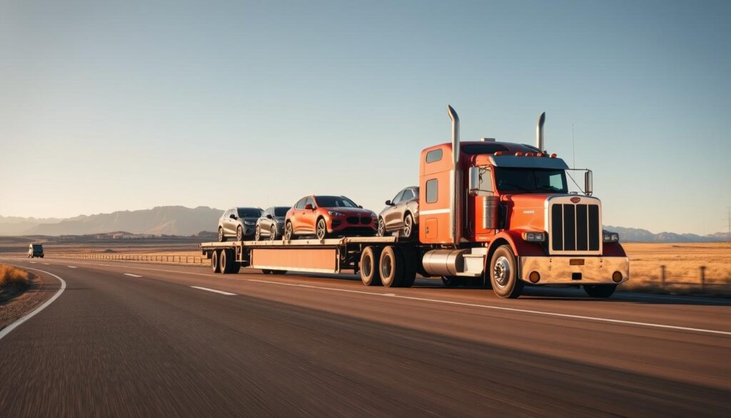 A wide, well-lit highway stretches across a rolling landscape, with a sturdy semi-truck hauling a trailer loaded with gleaming automobiles. The truck's chrome fittings glisten in the sunlight, while the trailer's streamlined design cuts through the air with efficiency. In the background, the silhouettes of distant mountains rise against a clear, azure sky, conveying a sense of tranquility and open spaces. The scene evokes a feeling of reliable, cross-border transportation, with the automobiles safely and securely en route to their destination. A wide, well-lit highway stretches across a rolling landscape, with a sturdy semi-truck hauling a trailer loaded with gleaming automobiles. The truck's chrome fittings glisten in the sunlight, while the trailer's streamlined design cuts through the air with efficiency. In the background, the silhouettes of distant mountains rise against a clear, azure sky, conveying a sense of tranquility and open spaces. The scene evokes a feeling of reliable, cross-border transportation, with the automobiles safely and securely en route to their destination.