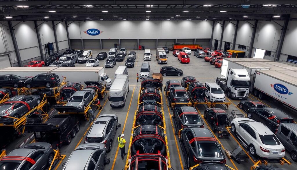 An aerial view of a bustling car shipping facility, with rows of vehicles carefully arranged for transport. In the foreground, workers diligently load cars onto specialized car carriers, using hydraulic lifts and sturdy straps to secure them. The middle ground depicts the logistical flow, with trucks and trailers maneuvering in an organized fashion. In the background, a modern, well-lit warehouse serves as the hub, with signage and branding showcasing the professionalism of the operation. The scene conveys a sense of efficient, well-coordinated logistics, with attention to detail and safety as the top priorities. An aerial view of a bustling car shipping facility, with rows of vehicles carefully arranged for transport. In the foreground, workers diligently load cars onto specialized car carriers, using hydraulic lifts and sturdy straps to secure them. The middle ground depicts the logistical flow, with trucks and trailers maneuvering in an organized fashion. In the background, a modern, well-lit warehouse serves as the hub, with signage and branding showcasing the professionalism of the operation. The scene conveys a sense of efficient, well-coordinated logistics, with attention to detail and safety as the top priorities.