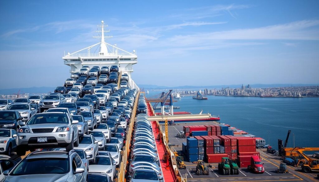 An expansive car carrier ship dominates the foreground, its massive deck loaded with rows of gleaming automobiles ready for transoceanic transport. In the middle ground, a bustling port scene unfolds, with cranes and forklifts efficiently loading and unloading cargo containers. The background showcases a panoramic view of the harbor, with distant cityscape and blue-gray skies creating a sense of scale and grandeur. The lighting is crisp and natural, highlighting the intricate details of the ship's structure and the pristine vehicles it carries. This image conveys the efficient, large-scale logistics of car shipping from Canada to the United States. An expansive car carrier ship dominates the foreground, its massive deck loaded with rows of gleaming automobiles ready for transoceanic transport. In the middle ground, a bustling port scene unfolds, with cranes and forklifts efficiently loading and unloading cargo containers. The background showcases a panoramic view of the harbor, with distant cityscape and blue-gray skies creating a sense of scale and grandeur. The lighting is crisp and natural, highlighting the intricate details of the ship's structure and the pristine vehicles it carries. This image conveys the efficient, large-scale logistics of car shipping from Canada to the United States.