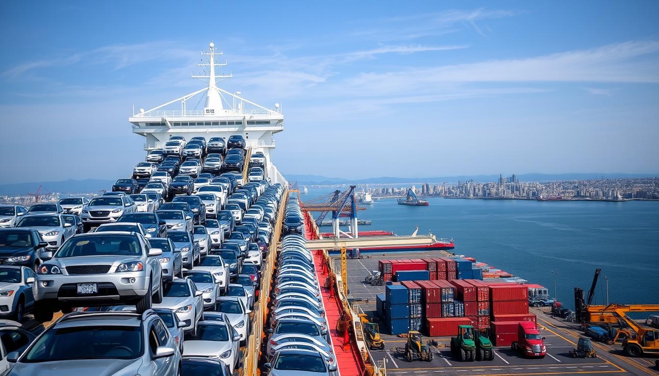 An expansive car carrier ship dominates the foreground, its massive deck loaded with rows of gleaming automobiles ready for transoceanic transport. In the middle ground, a bustling port scene unfolds, with cranes and forklifts efficiently loading and unloading cargo containers. The background showcases a panoramic view of the harbor, with distant cityscape and blue-gray skies creating a sense of scale and grandeur. The lighting is crisp and natural, highlighting the intricate details of the ship's structure and the pristine vehicles it carries. This image conveys the efficient, large-scale logistics of car shipping from Canada to the United States.