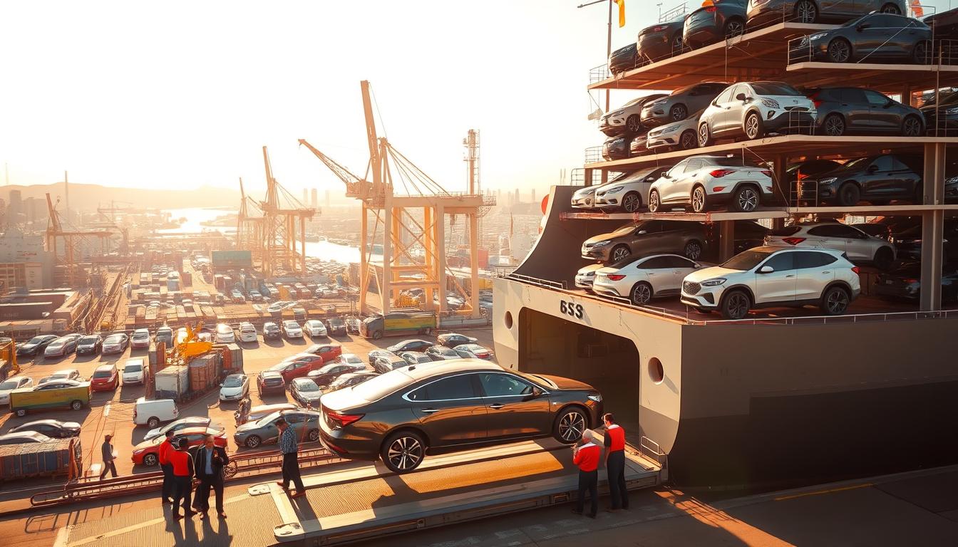 An expansive view of a car carrier ship docked at a bustling port, its towering deck stacked with a diverse array of automobiles ready for transport. The scene is bathed in warm, golden sunlight, creating a sense of vibrancy and energy. In the foreground, a group of workers diligently load a shiny new sedan onto the ship's ramp, their movements precise and efficient. The middle ground is filled with the imposing presence of the ship's hull, its metallic structure gleaming under the sun's rays. In the background, the cityscape of the port town rises, its skyline dotted with towering cranes and bustling activity, conveying the scale and importance of this international shipping operation.