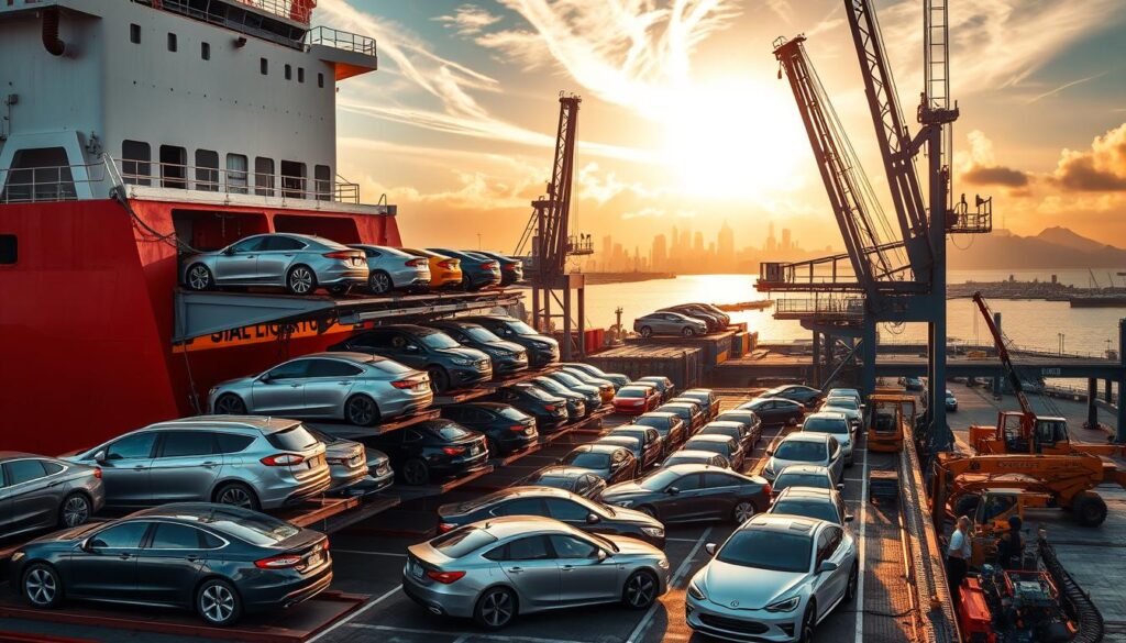 An intricately detailed scene of a car shipping process from the United States to Canada. In the foreground, a large cargo ship stands ready, its hull painted in bold, vibrant colors. A fleet of various car models, ranging from compact sedans to sleek sports cars, are meticulously loaded onto the ship's deck using specialized hydraulic lifts and ramps. The middle ground showcases the bustling port, with cranes, forklifts, and workers efficiently coordinating the loading. In the background, the skyline of a coastal city is visible, bathed in warm, golden sunlight filtering through wispy clouds. The overall mood is one of precision, efficiency, and the smooth flow of international vehicle transportation. An intricately detailed scene of a car shipping process from the United States to Canada. In the foreground, a large cargo ship stands ready, its hull painted in bold, vibrant colors. A fleet of various car models, ranging from compact sedans to sleek sports cars, are meticulously loaded onto the ship's deck using specialized hydraulic lifts and ramps. The middle ground showcases the bustling port, with cranes, forklifts, and workers efficiently coordinating the loading. In the background, the skyline of a coastal city is visible, bathed in warm, golden sunlight filtering through wispy clouds. The overall mood is one of precision, efficiency, and the smooth flow of international vehicle transportation.