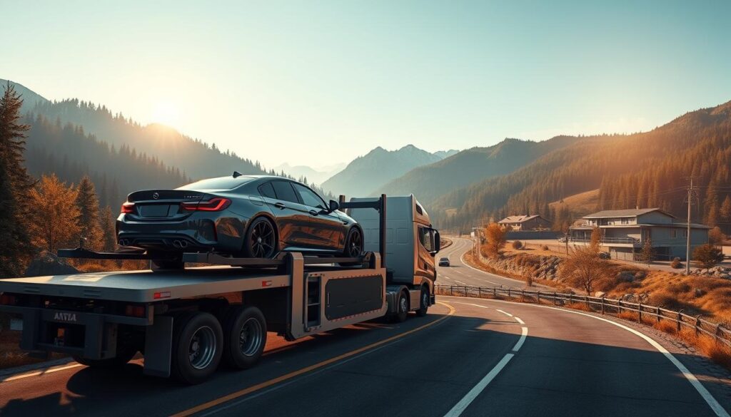Detailed 3D rendering of a car transport truck on a winding country road, captured from a high angle with a wide-angle lens. The foreground features the transport truck carefully loading a luxury sedan onto its multi-level hauler, its hydraulic lift system in operation. The middle ground showcases the scenic mountainous landscape, with lush forests and a clear blue sky in the background. Warm, golden sunlight filters through the scene, creating dramatic shadows and highlights that accentuate the textures and forms of the vehicles and the surrounding environment. The overall atmosphere conveys a sense of professionalism, efficiency, and the safe transport of valuable automobiles. Detailed 3D rendering of a car transport truck on a winding country road, captured from a high angle with a wide-angle lens. The foreground features the transport truck carefully loading a luxury sedan onto its multi-level hauler, its hydraulic lift system in operation. The middle ground showcases the scenic mountainous landscape, with lush forests and a clear blue sky in the background. Warm, golden sunlight filters through the scene, creating dramatic shadows and highlights that accentuate the textures and forms of the vehicles and the surrounding environment. The overall atmosphere conveys a sense of professionalism, efficiency, and the safe transport of valuable automobiles.