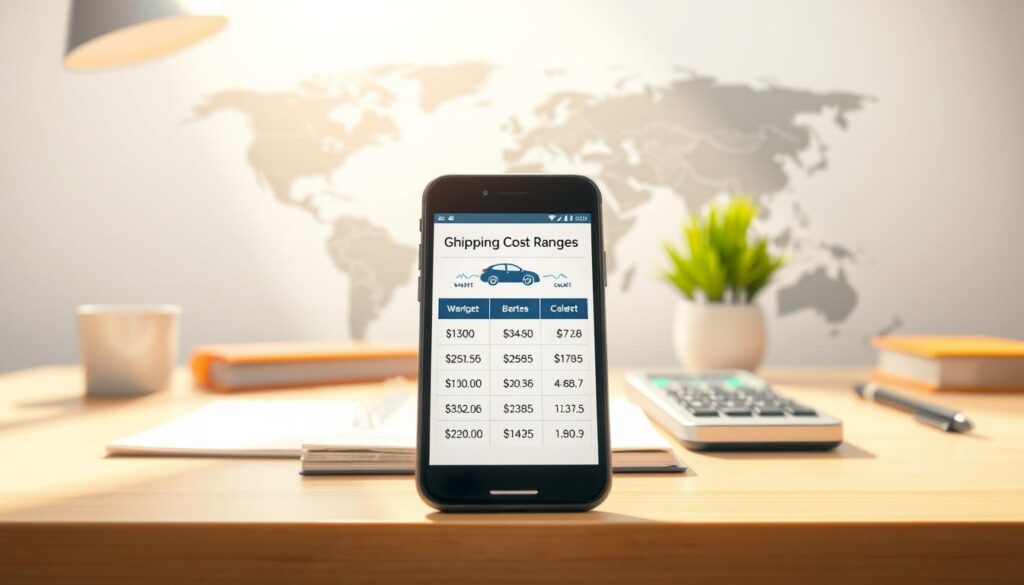 Detailed illustration of current car shipping price ranges, showcased on a clean, modern desk setup. In the foreground, a smartphone displays a car transportation cost comparison, with price points and fluctuating arrows indicating market trends. In the middle ground, a file folder and calculator symbolize the research and logistical considerations. The background features a stylized world map, hinting at the interstate and cross-border nature of the topic. Soft, natural lighting illuminates the scene, creating a professional, informative atmosphere. Rendered with a sharp, photorealistic style that emphasizes clarity and visual appeal. Detailed illustration of current car shipping price ranges, showcased on a clean, modern desk setup. In the foreground, a smartphone displays a car transportation cost comparison, with price points and fluctuating arrows indicating market trends. In the middle ground, a file folder and calculator symbolize the research and logistical considerations. The background features a stylized world map, hinting at the interstate and cross-border nature of the topic. Soft, natural lighting illuminates the scene, creating a professional, informative atmosphere. Rendered with a sharp, photorealistic style that emphasizes clarity and visual appeal.