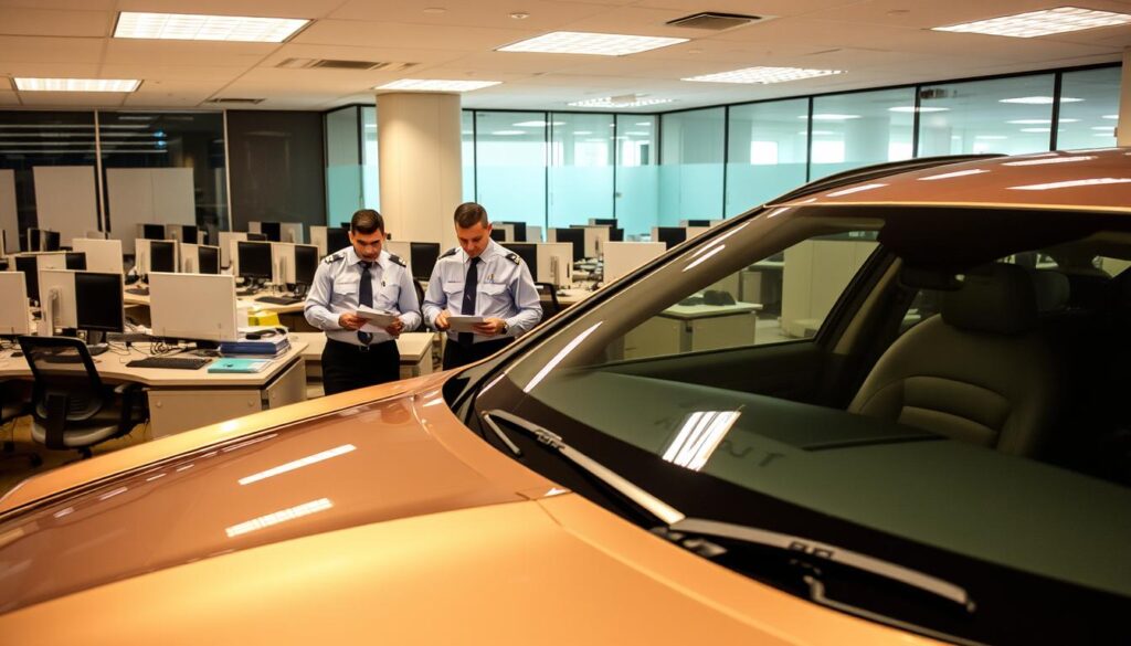 Registrar of Imported Vehicles office, a modern bureaucratic setting. In the foreground, a sleek, well-maintained vehicle on display, its metallic finish gleaming under the warm, focused lighting. In the middle ground, uniformed officials inspecting paperwork, their expressions serious yet professional. The background reveals rows of desks, computer terminals, and filing cabinets, conveying the methodical process of vehicle registration. The overall atmosphere is one of efficiency and attention to detail, reflecting the importance of the Registrar's role in facilitating the legal import of vehicles. Registrar of Imported Vehicles office, a modern bureaucratic setting. In the foreground, a sleek, well-maintained vehicle on display, its metallic finish gleaming under the warm, focused lighting. In the middle ground, uniformed officials inspecting paperwork, their expressions serious yet professional. The background reveals rows of desks, computer terminals, and filing cabinets, conveying the methodical process of vehicle registration. The overall atmosphere is one of efficiency and attention to detail, reflecting the importance of the Registrar's role in facilitating the legal import of vehicles.
