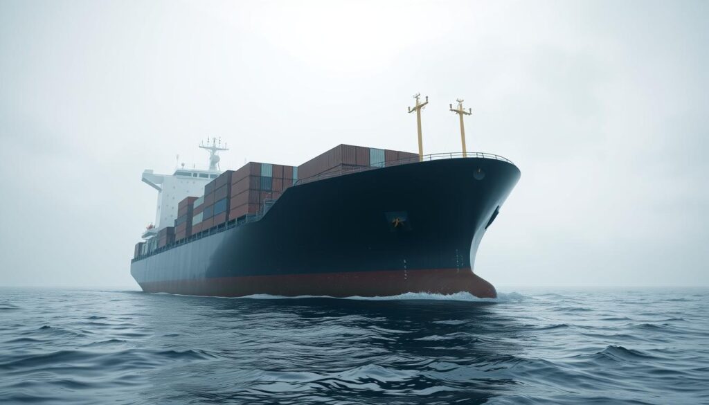 a realistic 3d render of a cargo ship transporting goods from the united states to canada across the great lakes, with detailed textures of the ship's hull, containers, and deck equipment, shown in a wide-angle perspective from a low camera angle to emphasize the scale and power of the vessel, lit by a cool, overcast natural lighting that casts long shadows, with a hazy atmosphere suggesting the distance and vastness of the waterway, creating a sense of the logistics and infrastructure involved in international shipping a realistic 3d render of a cargo ship transporting goods from the united states to canada across the great lakes, with detailed textures of the ship's hull, containers, and deck equipment, shown in a wide-angle perspective from a low camera angle to emphasize the scale and power of the vessel, lit by a cool, overcast natural lighting that casts long shadows, with a hazy atmosphere suggesting the distance and vastness of the waterway, creating a sense of the logistics and infrastructure involved in international shipping