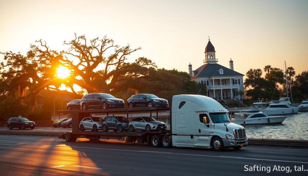 A bustling Savannah harbor scene during golden hour, showcasing a large car transport truck prominently in the foreground, loaded with various vehicles, including sedans and SUVs. In the middle ground, illustrate a classic Southern mansion with sprawling oak trees draped in Spanish moss, symbolizing the rich culture of Savannah. The background features the Savannah River glistening in the sunlight, with boats gently swaying on the water. Soft, warm lighting enhances the scene, evoking a sense of reliability and trust. Capture the atmosphere of logistics and professionalism, portraying a safe, efficient vehicle transportation hub in a picturesque Southern setting.