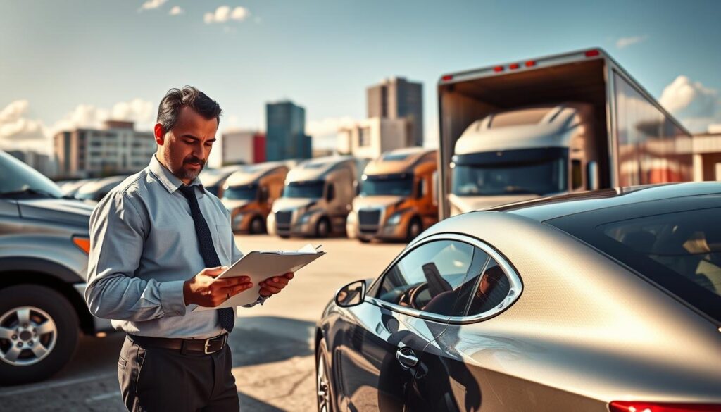 A bustling auto transport depot in Hinesville, GA, showcasing a variety of vehicles being carefully loaded onto sleek transport trucks. In the foreground, a professional-looking auto transport representative in business attire stands by a shiny car, examining the shipping logistics on a clipboard, radiating readiness and expertise. The middle ground features several transport trucks, engines gleaming under the bright afternoon sun. Behind them, the Hinesville cityscape can be seen, blending modern buildings with southern charm. The lighting is warm and bright, creating a welcoming atmosphere. The angle is slightly tilted to add depth, inviting the viewer into the scene while highlighting the importance of safe, on-time vehicle delivery. The overall mood reflects professionalism, reliability, and efficiency in car shipping services. A bustling auto transport depot in Hinesville, GA, showcasing a variety of vehicles being carefully loaded onto sleek transport trucks. In the foreground, a professional-looking auto transport representative in business attire stands by a shiny car, examining the shipping logistics on a clipboard, radiating readiness and expertise. The middle ground features several transport trucks, engines gleaming under the bright afternoon sun. Behind them, the Hinesville cityscape can be seen, blending modern buildings with southern charm. The lighting is warm and bright, creating a welcoming atmosphere. The angle is slightly tilted to add depth, inviting the viewer into the scene while highlighting the importance of safe, on-time vehicle delivery. The overall mood reflects professionalism, reliability, and efficiency in car shipping services.