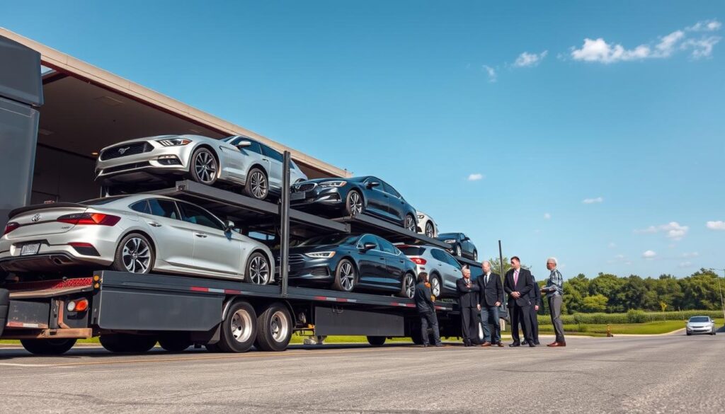A bustling auto transport scene in Lithonia, Georgia, showcasing a professional car shipping operation. In the foreground, a sleek transport truck carrying multiple cars, including sedans and SUVs, is parked at a loading dock. The middle section features a team of well-dressed logistics professionals in business attire, inspecting the vehicles and discussing details, exuding trust and reliability. The background displays the suburban landscape of Lithonia, with a clear blue sky and greenery that evokes a sense of calm. The image is brightly lit, captured at a slight low angle to emphasize the robust truck and the action taking place. The overall mood is efficient and trustworthy, illustrating a seamless car transport service.