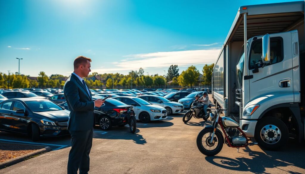 A bustling auto transport yard in Johns Creek, GA, featuring a variety of vehicles including sedans, SUVs, and motorcycles ready for shipping. In the foreground, a professional auto transport driver in business attire checks paperwork on a clipboard, while a sleek, modern car carrier truck is prominently parked beside them. The middle ground showcases rows of cars, some being loaded onto the carrier, under a bright blue sky with the sun casting soft shadows. The background includes a hint of the suburban landscape, with green trees lining the roadways. The composition should have a warm, inviting mood, highlighting reliability and professionalism in car shipping, enhanced by soft, natural lighting that emphasizes clarity and detail.