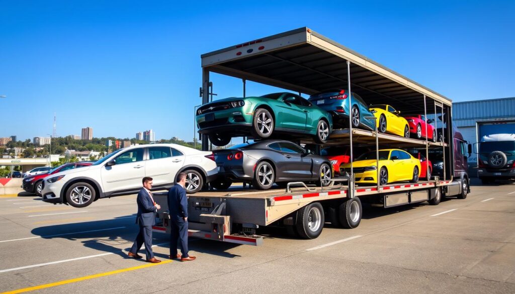 A bustling car shipping terminal in Athens, Georgia, showcasing a variety of vehicles ready for transport. In the foreground, a transport truck with an open trailer, loaded with cars of different colors and models, is parked under bright daylight, enhancing the vibrant colors of the vehicles. The middle ground features workers in professional business attire, carefully arranging the cars on the trailer, with an atmosphere of dedication and efficiency. The background contains a clear blue sky and a distant view of the iconic Athens skyline, creating a sense of place. Capture the scene with a wide-angle lens to emphasize the dynamic environment and ensure natural lighting casts soft shadows, contributing to a busy yet organized atmosphere, highlighting reliable car shipping and auto transport services in Athens, GA.