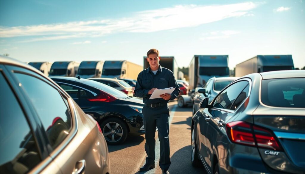 A bustling car shipping terminal in Valdosta, GA, showcasing a variety of vehicles loading onto transport trucks. In the foreground, several cars of different models and colors, neatly organized and prepared for shipment, gleam under the bright afternoon sun, reflecting reliable service. The middle ground features a professional transport driver in a uniform, overseeing the loading process with a clipboard in hand, exuding a sense of trust and efficiency. In the background, large transport trailers are lined up, and a clear blue sky spans overhead, providing a sense of openness and reliability. The scene is bathed in warm, natural lighting, evoking a feeling of professionalism and assurance in car shipping services. The angle captures the action from a slightly elevated perspective, emphasizing the scale of the operation.