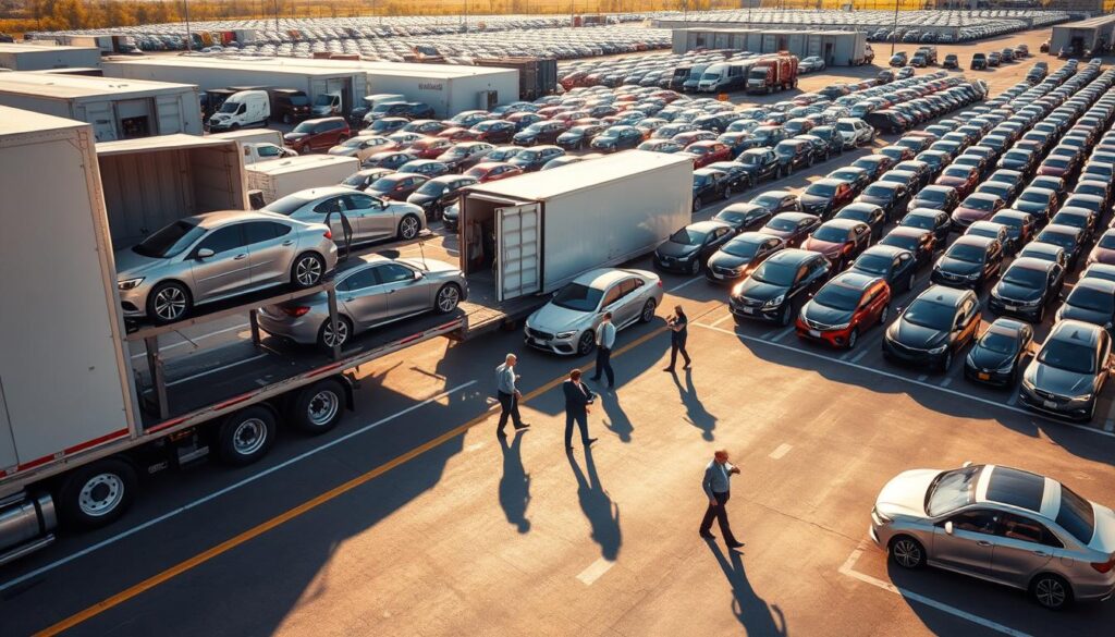 A bustling car shipping terminal in Valdosta, Georgia, showcasing a diverse range of vehicles being loaded onto transport trucks and shipping containers. In the foreground, a modern car transporter truck is carefully poised, displaying shiny sedans and SUVs secured in place. The middle ground features workers in professional attire, efficiently coordinating vehicle placements under the bright Texas sun, casting interesting shadows on the asphalt. In the background, endless rows of vehicles are parked with well-organized signage highlighting a smooth shipping process. The scene is illuminated by warm, natural light, creating an atmosphere of reliability and efficiency, emphasizing the straightforward nature of vehicle shipping to and from Valdosta, GA. The perspective is slightly elevated, capturing the dynamic activity throughout the terminal.