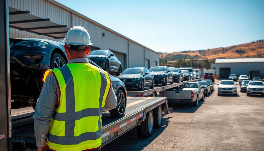 A bustling car shipping yard in Augusta, GA, showcasing a variety of vehicles being prepared for transport. In the foreground, a professional auto transport worker, dressed in a bright safety vest and hard hat, is inspecting a shiny sedan loaded onto a multi-car trailer. The middle ground features several trailers lined up, some loaded with cars, others ready for transport, under a clear blue sky. The background depicts a warehouse and the rolling hills of Augusta, hinting at a scenic landscape. The lighting is bright and sunny, casting soft shadows and creating a vibrant, optimistic atmosphere highlighting trust and reliability in car shipping services. The perspective is slightly elevated, giving a comprehensive view of the operation, emphasizing the efficiency of the auto transport process.