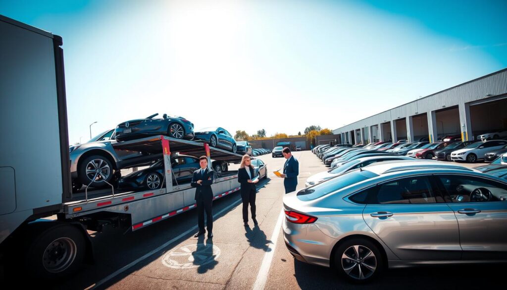 A bustling car shipping yard in Snellville, GA, showcasing a modern auto transport truck in the foreground loaded with several vehicles, including sleek sedans and SUVs. The middle ground features a team of professionals in business attire, carefully inspecting the cars and using a clipboard to ensure safe delivery. In the background, a bright blue sky casts natural light over the scene, highlighting the well-organized rows of parked cars and the warehouse facility. The angle is slightly elevated, providing a panoramic view of the facility, emphasizing reliability and professionalism. The atmosphere is vibrant and focused, conveying a sense of trust and efficiency in car shipping services.
