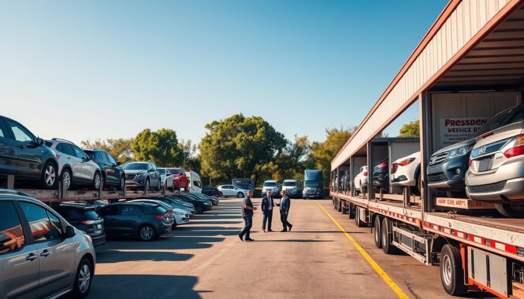 A bustling vehicle hub in Rome, GA, showcasing a variety of cars ready for transport. In the foreground, several transport trucks are parked, strategically loaded with vehicles, reflecting reliability and readiness. The middle ground features a well-organized logistics area with professional staff in business attire discussing routes and schedules. In the background, a clear blue sky is contrasted with the greenery of nearby trees, symbolizing the blend of urban and natural landscapes. Soft sunlight illuminates the scene, creating a warm and inviting atmosphere. The angle is slightly elevated, providing a comprehensive view of the hub's efficiency and the vehicles' diversity. Ideal for an article on vehicle transport, the image encapsulates Rome, GA’s importance as a transport hub without distractions or text.