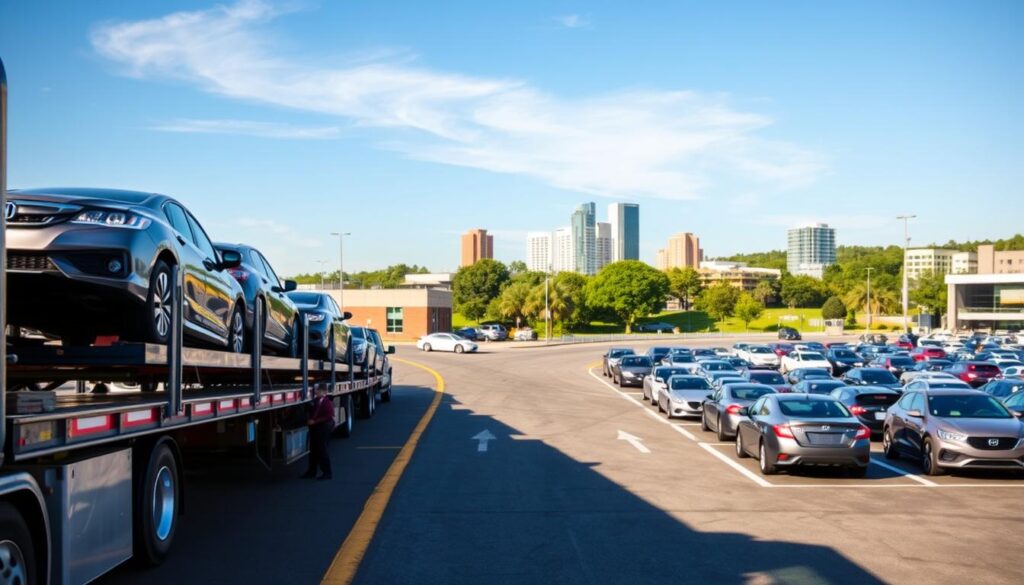 A bustling vehicle shipping hub in Alpharetta, showcasing a modern auto transport facility. In the foreground, a well-maintained car carrier truck loaded with various vehicles, with professional drivers in business attire overseeing the operation. The middle ground includes clear blue skies and well-organized shipping lanes lined with cars ready for transport, emphasizing efficiency and organization. In the background, the vibrant Alpharetta skyline features contemporary buildings and lush greenery, illustrating the city’s blend of urban development and nature. The scene is bathed in warm, natural sunlight, creating a welcoming atmosphere, with a slightly elevated angle to capture the dynamic layout of the shipping operation. The overall mood conveys reliability and professionalism in vehicle shipping.