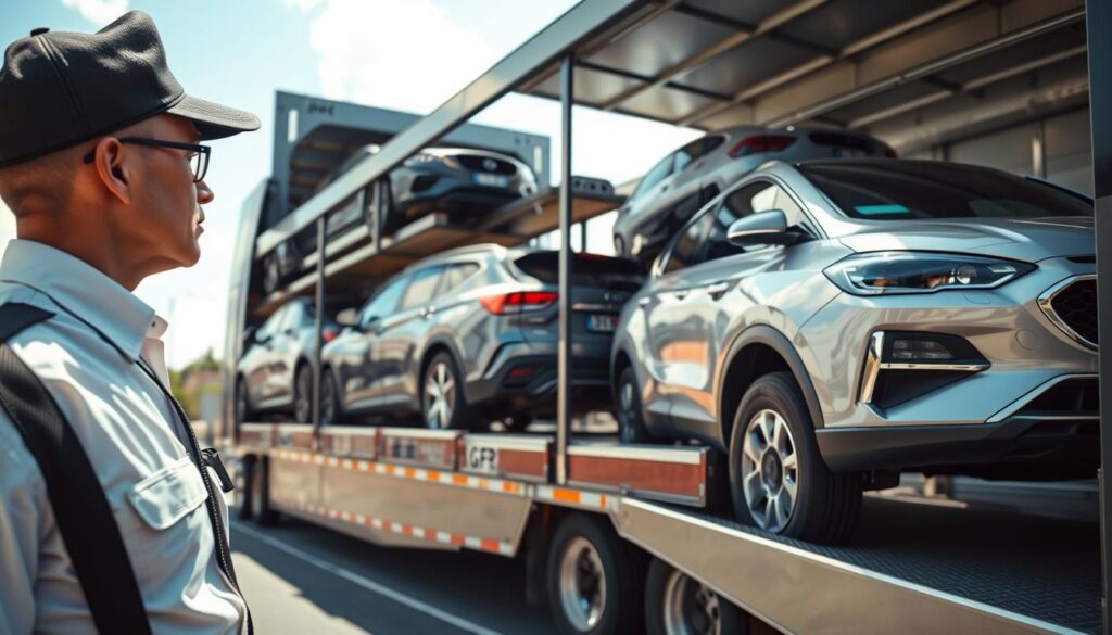 A bustling vehicle transport scene in Dunwoody, GA, showcasing a diverse array of vehicles being loaded onto a state-of-the-art transport truck. In the foreground, a professional driver in a crisp uniform oversees the careful loading process, exuding a sense of reliability and trust. The middle ground features a shiny, modern car carrier filled with various cars, including sedans, SUVs, and a classic sports car, all securely strapped in place. The background reveals a sunny day with blue skies and a hint of suburban architecture, symbolizing the local atmosphere. Soft, natural lighting highlights the vehicles and creates a warm, inviting mood, while a low-angle perspective conveys the efficiency and professionalism of the auto transport service.