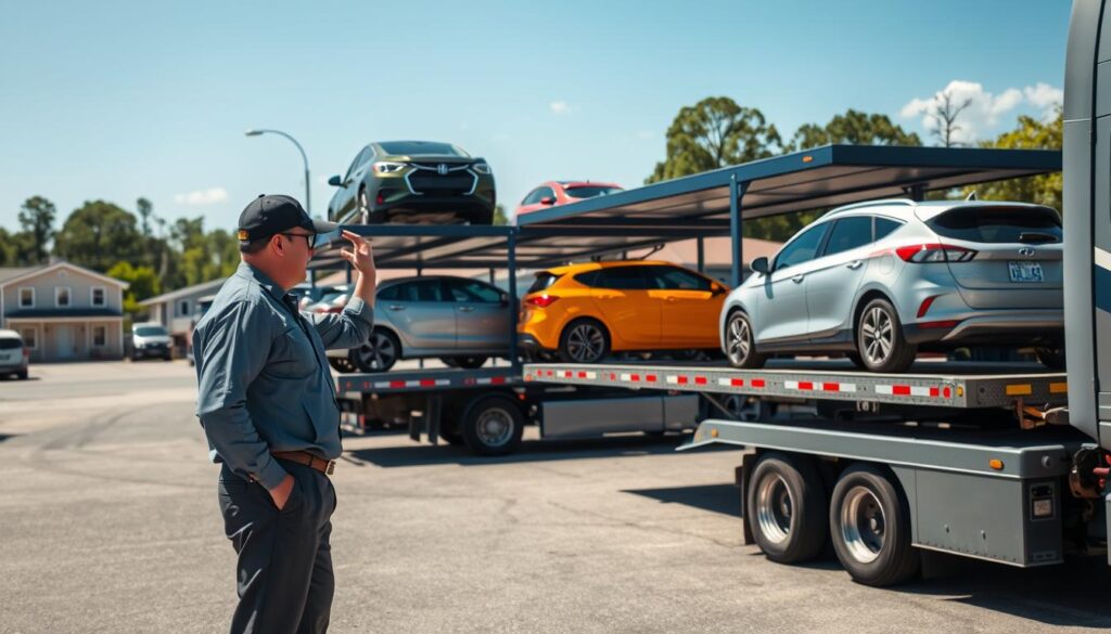 A busy auto transport yard in Thomasville, GA, showcasing a fleet of modern car carriers in action. In the foreground, a professional driver in business attire inspects a vehicle being loaded onto a multi-car transport truck, emphasizing reliability and care. The middle ground features several brightly colored cars, including sedans and SUVs, neatly lined up on the transporters, ready for shipment. In the background, the picturesque South Georgia landscape with quaint, low-rise buildings and trees under a clear blue sky adds a sense of place and tranquility. The lighting is bright and inviting, capturing a sunny day. The mood is one of trust and efficiency, highlighting the trusted auto transport services in the area.