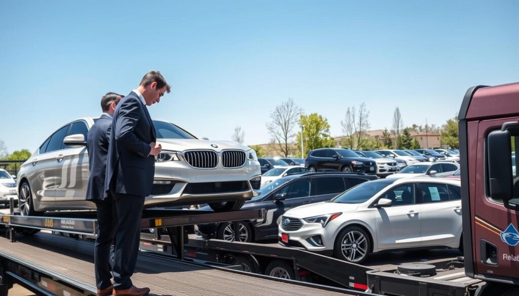 A busy car shipping service scene in Sandy Springs, GA. In the foreground, a team of two professionals in smart business attire, closely inspecting a gleaming, newly transported car on a flatbed truck. In the middle, multiple rows of various automobiles—sedans, SUVs, and trucks—awaiting shipment, each in pristine condition. The trucks are branded with the logo of a reliable auto transport company. The background features a clear blue sky and a few trees typical of Sandy Springs, with a hint of suburban architecture in a distance. The lighting is bright and natural, suggesting a sunny day. The mood conveys professionalism and trustworthiness, emphasizing the reliability of the car shipping services. A busy car shipping service scene in Sandy Springs, GA. In the foreground, a team of two professionals in smart business attire, closely inspecting a gleaming, newly transported car on a flatbed truck. In the middle, multiple rows of various automobiles—sedans, SUVs, and trucks—awaiting shipment, each in pristine condition. The trucks are branded with the logo of a reliable auto transport company. The background features a clear blue sky and a few trees typical of Sandy Springs, with a hint of suburban architecture in a distance. The lighting is bright and natural, suggesting a sunny day. The mood conveys professionalism and trustworthiness, emphasizing the reliability of the car shipping services.