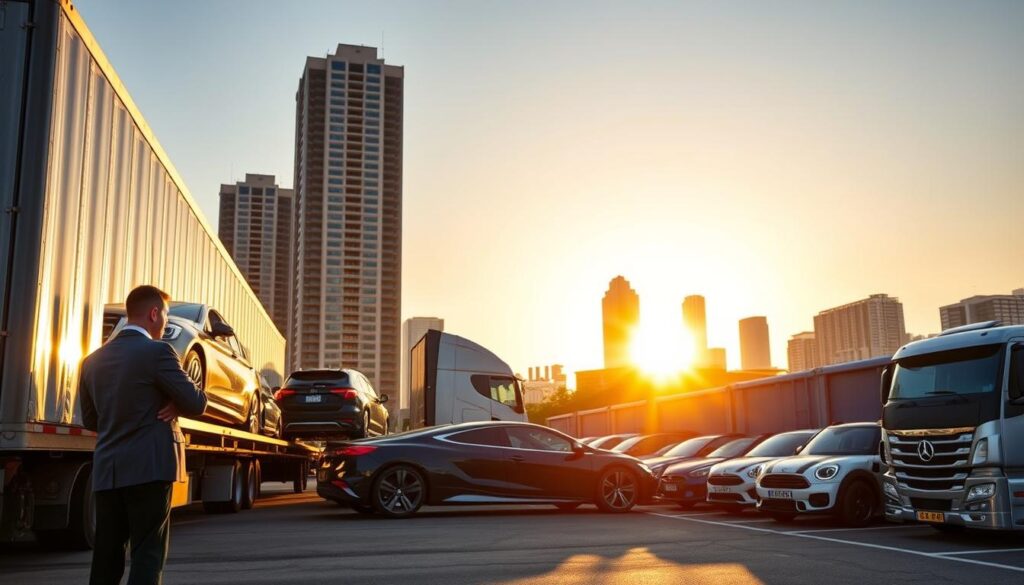 A busy car shipping terminal in Atlanta, Georgia, at sunrise. In the foreground, a worker in professional business attire inspects vehicles loaded on a large transport truck, while a few sleek cars await shipment. The middle ground features a line of transport trucks, showcasing various car models, parked in an organized manner. The background captures the iconic Atlanta skyline, bathed in warm morning light, with tall buildings and a hint of greenery. Bright, clear skies add to the atmosphere of a productive day, emphasizing professionalism and reliability in auto transport. The overall mood is energetic yet secure, illustrating efficient car shipping operations.