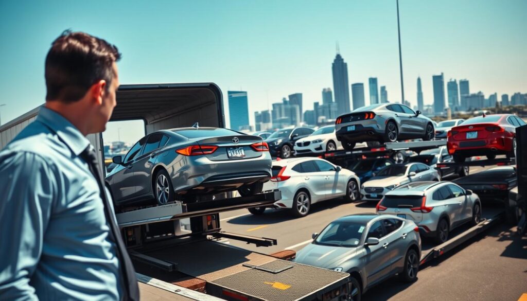 A busy car shipping terminal in Atlanta, showcasing multiple car carriers loaded with vehicles ready for transport. In the foreground, a professional-looking driver in business attire inspects a car on an open carrier, demonstrating diligence and care. The middle ground features rows of vehicles, a mix of sedans, SUVs, and trucks, all secured for shipping, highlighting the variety of cars transported. The background reveals a clear blue sky and the skyline of Atlanta, with iconic skyscrapers subtly visible. Natural lighting casts soft shadows, creating a vibrant and dependable atmosphere. The scene conveys a sense of reliability and professionalism in auto transport, emphasizing safety and timely delivery. The angle captures the terminal's activity, with a focus on the harmonious relationship between vehicles and the transport process.