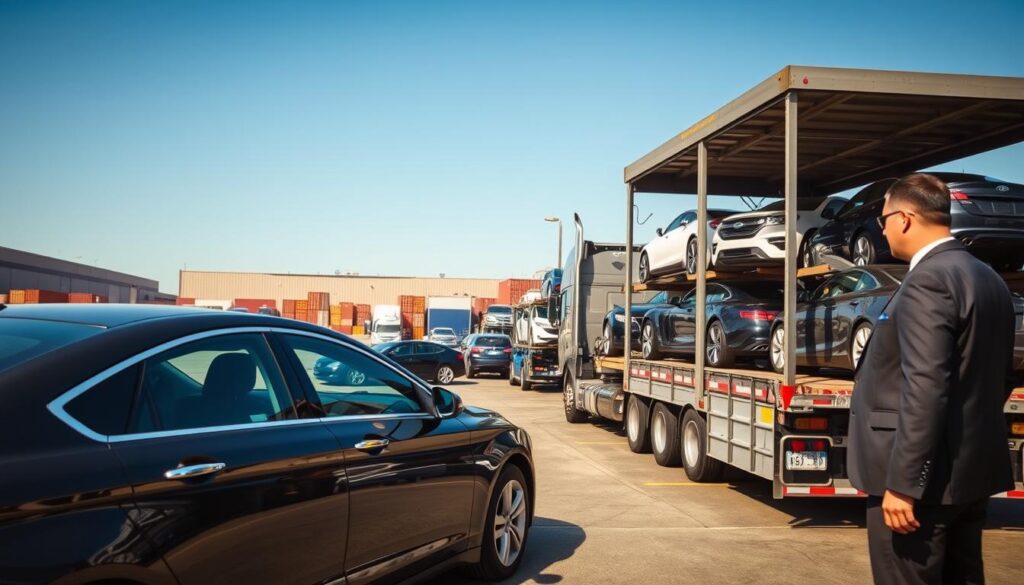 A busy car shipping terminal in Lithonia, GA, showcasing an array of vehicles being loaded onto transport trucks. In the foreground, a professional driver in business attire is inspecting a shiny sedan. The middle ground features a large car carrier truck, crammed with various makes and models of cars, while a second truck is being loaded nearby. The background reveals a clear blue sky, punctuated by industrial buildings and shipping containers, capturing the essence of a bustling auto transport hub. Bright, natural lighting casts dynamic shadows, enhancing the atmosphere of efficiency and professionalism. The image conveys a sense of reliability and care in vehicle shipping, ideal for illustrating car transport services.