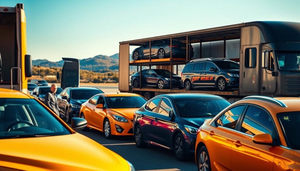 A busy car shipping yard in Brookhaven, GA, showcasing various vehicles being loaded onto open car transport trucks. In the foreground, several brightly colored sedans and SUVs are lined up, alongside a driver in professional attire overseeing the loading process. In the middle ground, a large transport truck with car carriers is parked, with additional vehicles being secured. The background features a clear blue sky and subtle hills, enhancing the suburban feel of Brookhaven. The lighting is warm and inviting, suggesting late afternoon sun, casting long shadows and highlighting the metallic surfaces of the cars. The overall atmosphere conveys reliability and professionalism in auto transport services.