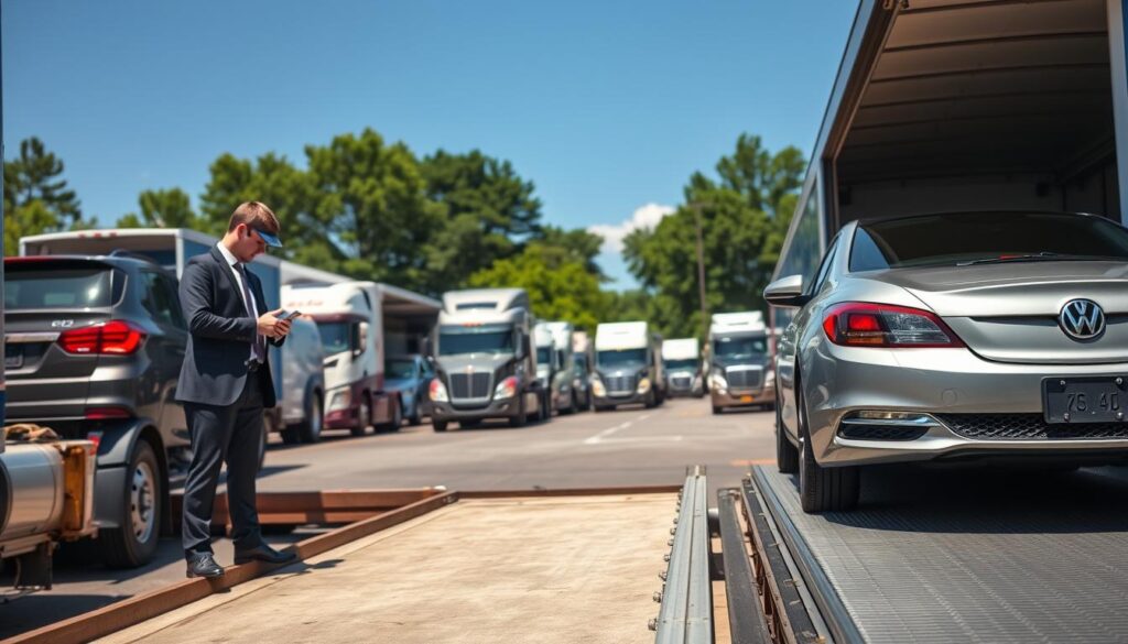 A busy vehicle transport service center in Warner Robins, Georgia, showcasing a fleet of trucks ready for auto transport. In the foreground, a professional-looking employee in business attire inspects a shiny sedan on a loading ramp, demonstrating attention to detail and care. In the middle ground, various transport trucks are lined up, some loaded with cars, others waiting for pickup. The background features a clear blue sky and green foliage typical of a sunny day in Georgia. The scene is well-lit, emphasizing a sense of reliability and safety in car shipping. A wide-angle lens captures the entire operation, conveying a warm and inviting atmosphere of professionalism and trust.