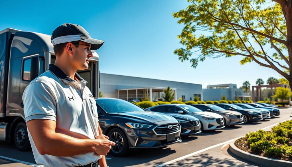 A delivery truck parked in front of a modern car shipping facility in Fayetteville, Georgia. In the foreground, a professional driver, dressed in a branded polo shirt and cap, inspects a sleek, newly delivered vehicle—gleaming under the bright sun. In the middle ground, several cars are lined up, awaiting transport, showcasing a variety of popular models. The background features the facility's large loading dock with loading equipment, surrounded by green landscaping and trees indicative of the Fayetteville area. The scene is bathed in natural light, with clear blue skies above, conveying a reliable and efficient atmosphere, emphasizing trust in vehicle transport services. The composition captures a sense of professionalism and security.