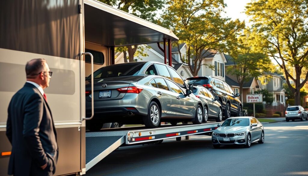 A detailed scene of a door-to-door vehicle transport service in an urban neighborhood in Columbus, GA. In the foreground, a professionally dressed driver stands next to a sleek, modern car carrier truck, ready to unload vehicles. The middle layer features several cars being carefully loaded onto the truck, showcasing a variety of vehicles, from sedans to SUVs, reflecting diversity in auto transport. The background reveals a picturesque neighborhood with charming homes and trees lining the street, bathed in warm daylight. The atmosphere is efficient and welcoming, evoking a sense of convenience and reliability. Capture the scene from a slightly elevated angle, providing a clear view of both the transport process and the residential setting, enhancing the focus on customer service.