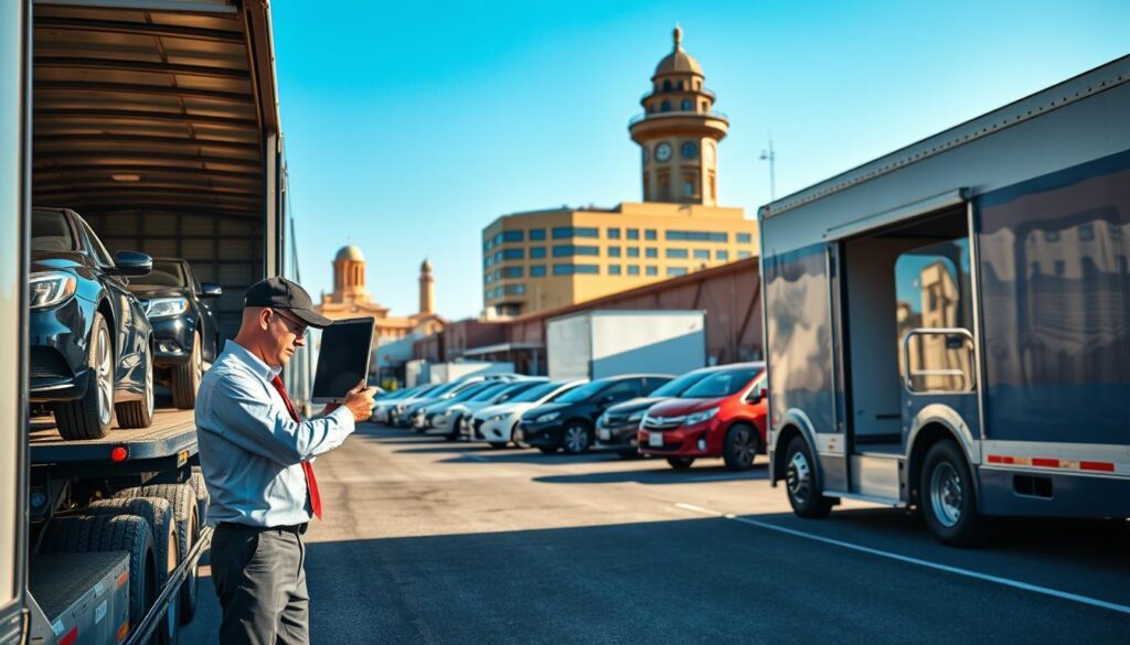 A detailed scene of various auto transport options in Griffin, GA, showcasing a variety of car carriers, including an open trailer and an enclosed transporter, expertly loading and unloading vehicles. In the foreground, a professional driver in business attire is inspecting a vehicle before transport. The middle ground features a busy transport yard with cars lined up and a few transporting trucks ready for departure, all under a clear blue sky. In the background, recognizable Griffin landmarks subtly blend into the scene, enhancing the local flavor. Soft sunlight casts warm shadows, creating a vibrant, trustworthy atmosphere that reflects reliability and efficiency in car shipping. The angle captures the dynamic and organized environment of the auto transport industry, invoking a sense of professionalism and service.