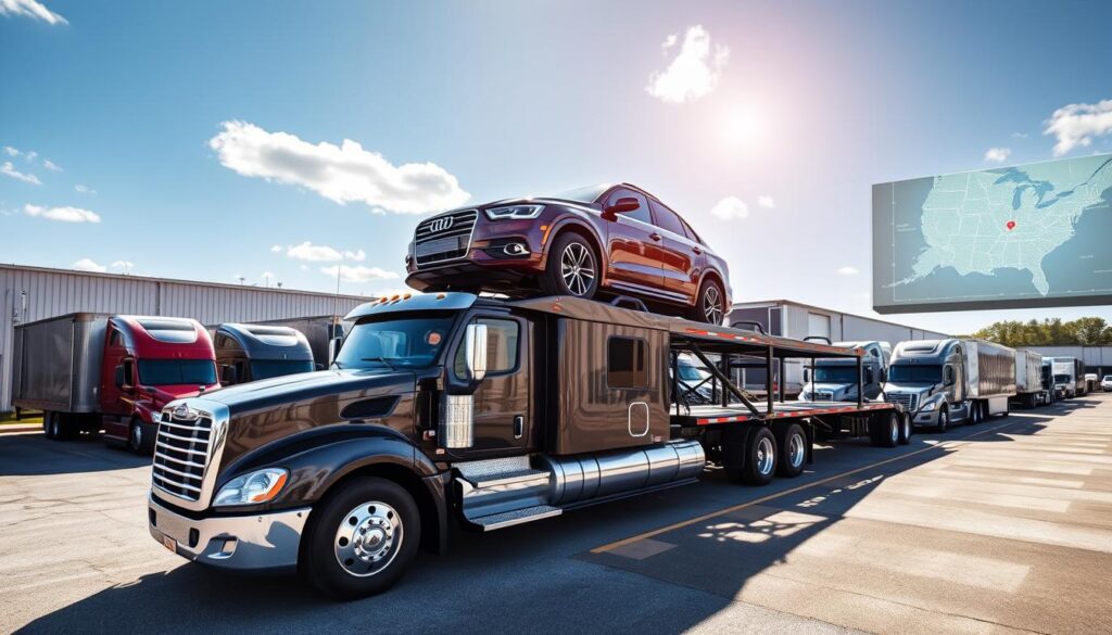 A detailed scene showcasing various auto transport options in Tifton, GA. In the foreground, a sleek car carrier truck with a shiny, well-maintained vehicle on its upper deck, emphasizing professionalism and safety. The middle ground features a small fleet of trucks, some specialized for enclosed transport, while others are open trailers, all parked near a transport depot under a bright, sunny sky. In the background, a map of Tifton is faintly visible on a digital screen, suggesting strategic logistics. The lighting is bright and inviting, creating a sense of trust and reliability. The mood is professional and efficient, conveying a busy yet organized transport hub atmosphere. The image is captured with a wide-angle lens to include the diverse transport options available.
