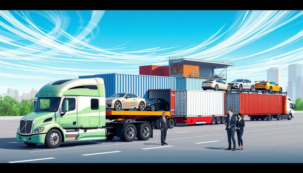A detailed scene showcasing various car shipping options in Decatur, GA. In the foreground, depict a professional car transport truck loaded with luxury vehicles, painted in bright, clean colors. In the middle ground, add an array of shipping containers and car transport trailers, highlighting both open and enclosed transport options. Include a couple of representatives in professional business attire, discussing logistics near the truck, conveying a sense of efficiency and professionalism. In the background, illustrate a clear blue sky with wispy clouds, and a hint of the Decatur skyline to set the location. Use natural lighting to create a bright and inviting atmosphere, capturing the reliability and trustworthiness of auto transport services. A detailed scene showcasing various car shipping options in Decatur, GA. In the foreground, depict a professional car transport truck loaded with luxury vehicles, painted in bright, clean colors. In the middle ground, add an array of shipping containers and car transport trailers, highlighting both open and enclosed transport options. Include a couple of representatives in professional business attire, discussing logistics near the truck, conveying a sense of efficiency and professionalism. In the background, illustrate a clear blue sky with wispy clouds, and a hint of the Decatur skyline to set the location. Use natural lighting to create a bright and inviting atmosphere, capturing the reliability and trustworthiness of auto transport services.