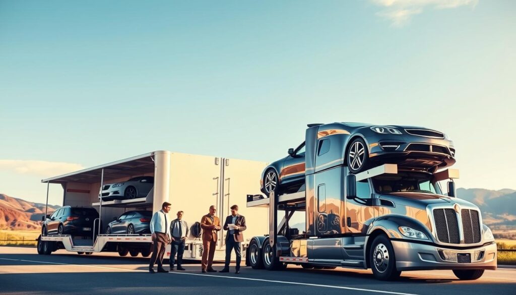 A diverse range of auto transport options showcased in a vibrant, dynamic scene. In the foreground, a sleek, modern car carrier truck is loading vehicles under bright sunny skies, embodying reliability and efficiency. To the left, an open-air auto transport trailer displays several cars, showcasing their polished finishes. In the middle ground, a small team of professionals, dressed in smart casual attire, is discussing logistics while reviewing transport documents, conveying a sense of trust and expertise. The background features a clear blue sky with distant hills, emphasizing the landscape of Milledgeville, GA. Soft, natural lighting illuminates the scene, enhancing the colors and details of the vehicles and the transport setting. The overall mood is informative and reassuring, reflecting the various auto transport services available for Milledgeville drivers.