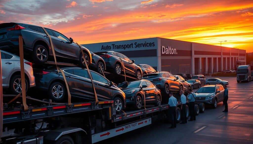 A dynamic scene depicting car shipping services at a bustling logistics center in Dalton, Georgia. In the foreground, a transport truck loaded with various cars, ranging from sedans to SUVs, showcasing the vehicles secured with straps. The middle ground features workers dressed in professional attire, carefully inspecting the shipment and managing logistics. In the background, a vibrant sunset casts warm orange and purple hues across the sky, illuminating a modern warehouse with the words “Auto Transport Services” subtly integrated into its design. The atmosphere is busy yet organized, emphasizing trust and professionalism in car shipping. Shot with a wide-angle lens to capture the scale and details of the operations, highlighting the efficiency and reliability of Dalton's auto transport services. Natural lighting enhances the scene, reflecting a welcoming environment.