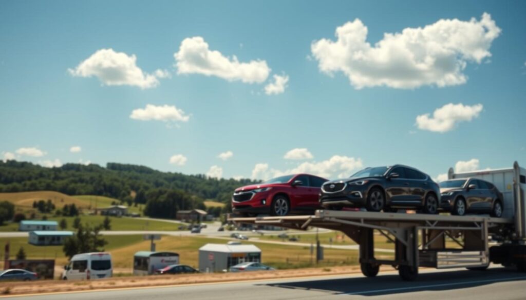 A fleet of diverse vehicles transporting cars on a sunny day in Gainesville, GA. In the foreground, a professional-looking auto transport truck with multiple cars securely loaded onto its flatbed shines against a clear blue sky. The middle ground features rolling hills and lush greenery, representing the Georgia landscape. A few small, locally-owned car dealerships and service stations are visible, adding context to the area. In the background, soft clouds float above, enhancing the calm atmosphere of reliable car shipping. The lighting is bright and natural, creating a warm, inviting feel. The image should convey professionalism and trust, emphasizing the dependable nature of car shipping and auto transport services available in Gainesville. A fleet of diverse vehicles transporting cars on a sunny day in Gainesville, GA. In the foreground, a professional-looking auto transport truck with multiple cars securely loaded onto its flatbed shines against a clear blue sky. The middle ground features rolling hills and lush greenery, representing the Georgia landscape. A few small, locally-owned car dealerships and service stations are visible, adding context to the area. In the background, soft clouds float above, enhancing the calm atmosphere of reliable car shipping. The lighting is bright and natural, creating a warm, inviting feel. The image should convey professionalism and trust, emphasizing the dependable nature of car shipping and auto transport services available in Gainesville.