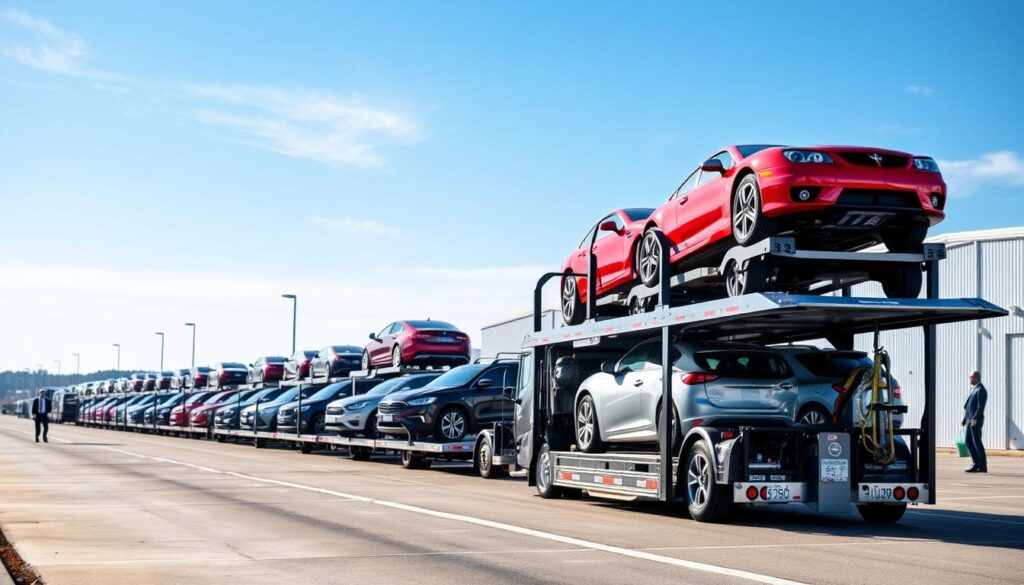 A modern auto transport network scene showcasing a lineup of car carriers on a well-organized transport terminal in Warner Robins, GA. In the foreground, a sleek car carrier truck is loaded with shiny vehicles, displaying a variety of makes and models, all showcasing vibrant colors. The middle ground features a series of vehicles waiting for shipment, with a clear blue sky overhead, casting bright, natural light. The background reveals a bustling terminal with staff in professional business attire coordinating logistics, enhancing the sense of organization and efficiency. The mood is optimistic and dynamic, conveying reliability and professionalism in auto shipping services. The image captures the essence of a proactive auto transport company dedicated to excellent service.