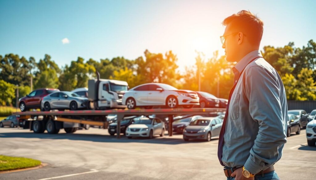 A modern auto transport scene featuring a flatbed truck loaded with various vehicles, such as sedans and SUVs, parked on a sunny day in Milledgeville, GA. In the foreground, a professional driver in business casual attire inspects the truck, emphasizing reliability in car shipping. The middle ground showcases the truck amidst an auto transport yard, with well-organized rows of different cars awaiting shipment. In the background, lush greenery characteristic of Milledgeville, complemented by a clear blue sky, sets a tranquil and trustworthy atmosphere. The lighting is warm and inviting, highlighting the vehicles and creating a polished look, with a slightly elevated angle that provides a comprehensive view of the transport scene.