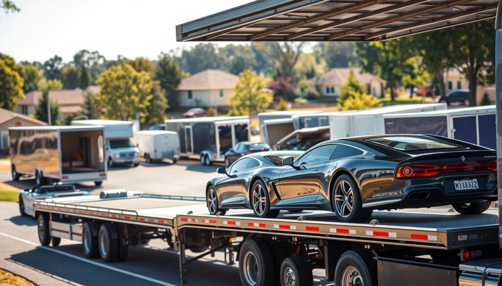 A modern auto transport scene featuring various transport options for vehicles. In the foreground, a professional truck with an open car carrier, displaying sleek cars lined up securely. In the middle ground, a diverse range of transport types such as enclosed trailers, flatbeds, and motorcycle carriers, illustrating versatility. The background showcases a suburban Kennesaw, GA landscape with trees and homes, providing a relatable context. Bright natural lighting illuminates the scene, casting soft shadows, creating a sense of activity and reliability. The atmosphere should convey professionalism, efficiency, and trust in car shipping services. Capture this from a slightly elevated angle to provide a comprehensive view of the options available.
