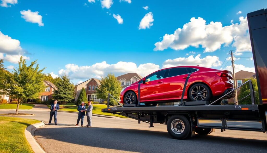 A modern auto transport service in Roswell, Georgia, featuring a beautifully maintained car transport truck, parked alongside a residential street. In the foreground, the truck is loaded with a shiny, red sedan securely strapped in place. The middle ground showcases a well-kept landscape with lush green trees lining the street and a few professional personnel in business attire inspecting the vehicle, emphasizing trust and professionalism. In the background, there are suburban homes with manicured lawns, under a bright blue sky with soft, fluffy clouds. The scene is illuminated by warm, natural sunlight, casting soft shadows and creating a welcoming atmosphere. The angle captures the truck from a low perspective, making it appear prominent and reliable.