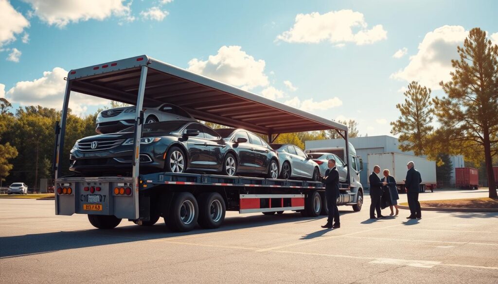 A modern car shipping service scene depicting a sturdy, open car carrier truck parked in a well-lit loading yard in Jesup, GA. In the foreground, the truck features several vehicles securely loaded, showcasing various makes and colors. The middle ground reveals professional staff in business attire, inspecting vehicles and coordinating deliveries, exuding a sense of reliability and care. The background includes a clear blue sky with soft clouds, surrounding green trees typical of the Georgia landscape, and a hint of a shipping facility to emphasize the transport aspect. The lighting is bright and natural, capturing the activity of the day. The overall atmosphere conveys professionalism, safety, and on-time delivery in the car shipping industry.
