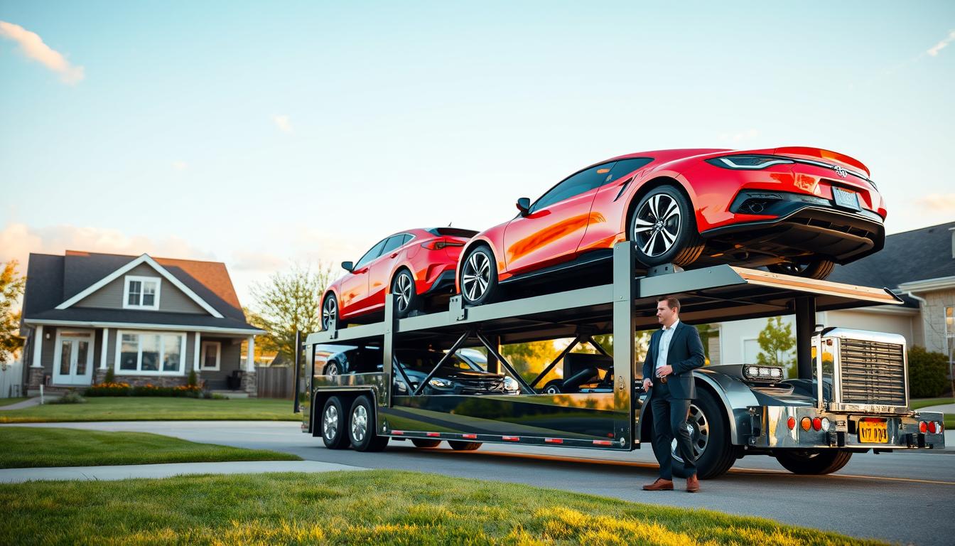 A modern car transport truck parked in a suburban Duluth neighborhood, showcasing its sleek design and shiny finish. In the foreground, several vehicles are securely loaded on the truck's multi-level carrier, including a bright red sports car and a family-friendly SUV. In the middle ground, a cozy house with a well-maintained lawn reflects the residential atmosphere, while a friendly professional in business attire is discussing car shipping details with a customer near the truck. The background features clear blue skies with soft clouds, creating a warm and trusting ambiance. The scene is lit by golden hour sunlight, emphasizing the reliability and professionalism of the auto transport service. The composition is framed using a slightly angled perspective, highlighting the car carrier and the interaction, evoking a sense of dependability and community.