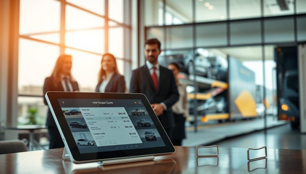 A modern, professional office setting focused on auto transport services. In the foreground, a sleek, transparent digital tablet displays an instant auto transport quote with visually clear pricing, surrounded by images of various vehicles. The middle ground features a diverse group of business professionals in smart attire, engaged in discussion, showcasing a collaborative atmosphere. In the background, a large window reveals a sunny day outside with cars being carefully loaded onto transport trucks, symbolizing efficiency and transparency. The lighting is bright and inviting, creating a sense of optimism and trust. Use a wide-angle lens for a comprehensive view, capturing both the details of the tablet and the professionalism of the setting. The mood is upbeat and focused, emphasizing clarity and reliability in the auto transport process. A modern, professional office setting focused on auto transport services. In the foreground, a sleek, transparent digital tablet displays an instant auto transport quote with visually clear pricing, surrounded by images of various vehicles. The middle ground features a diverse group of business professionals in smart attire, engaged in discussion, showcasing a collaborative atmosphere. In the background, a large window reveals a sunny day outside with cars being carefully loaded onto transport trucks, symbolizing efficiency and transparency. The lighting is bright and inviting, creating a sense of optimism and trust. Use a wide-angle lens for a comprehensive view, capturing both the details of the tablet and the professionalism of the setting. The mood is upbeat and focused, emphasizing clarity and reliability in the auto transport process.