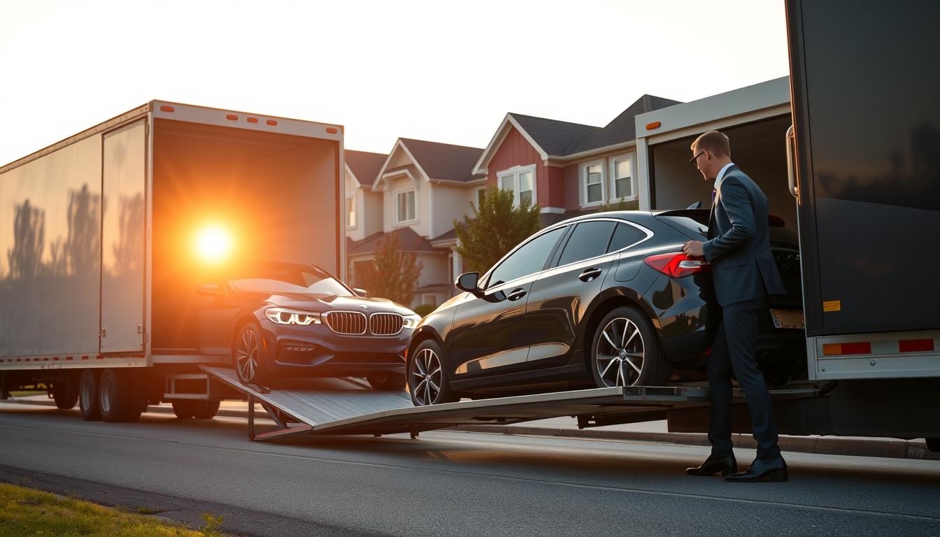 A modern, reliable vehicle delivery scene in Athens, GA, focusing on door-to-door car shipping. In the foreground, a professional delivery driver in business attire is unloading a shiny, new car from a transport truck. The middle ground features a picturesque Athens neighborhood with well-maintained homes and lush greenery, emphasizing a welcoming atmosphere. In the background, the Georgia sun sets, casting a warm, golden light across the scene, enhancing the mood of trust and reliability. The shot is taken from a low angle, giving prominence to the delivery truck and the vehicle being delivered while softly blurring the neighborhood, creating depth. The overall composition conveys professionalism and confidence in auto transport services.