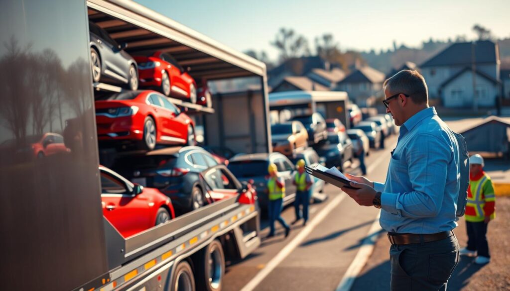 A modern vehicle transport service scene in Stockbridge, Georgia. In the foreground, a sleek transport truck, showcasing multiple car slots filled with shiny cars in vibrant colors. A driver in professional attire is inspecting the vehicle with a clipboard, conveying a sense of trust and reliability. In the middle ground, a busy loading area with multiple vehicles being carefully loaded onto transport trailers by trained staff wearing safety gear. The background features a clear blue sky and the faint outline of a suburban neighborhood, adding a local touch. Warm sunlight casts soft shadows, creating an inviting atmosphere. The angle is slightly elevated, capturing the full scope of the operation without any people conveying urgency or chaos, embodying professionalism and efficiency in vehicle transport.