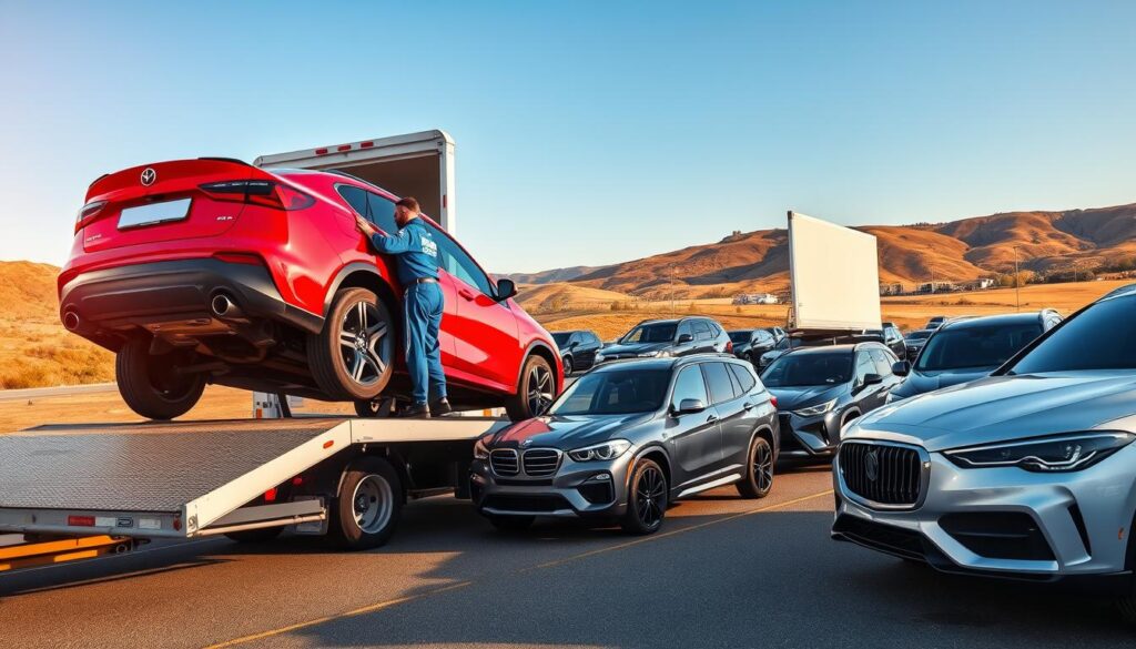 A modern vehicle transport service scene, set in a bustling shipping yard in Rome, GA. In the foreground, a bright red car is being loaded onto a sleek transport truck by a professional in a blue uniform, ensuring its safety. The middle ground features several different vehicles, including SUVs and luxury cars, lined up and ready for shipment, emphasizing variety in transport services. In the background, a clear blue sky and the silhouette of rolling hills complete the landscape, with sunlight casting warm tones across the scene. The atmosphere is industrious yet dependable, with a focus on reliability and professionalism. Capture this moment with a wide-angle lens, highlighting the action and the organized chaos of vehicle transport, illuminated by natural afternoon light.