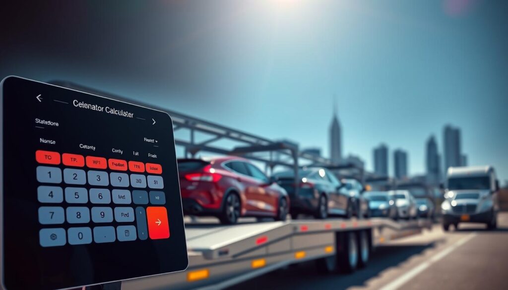 A polished, modern quote calculator interface displayed prominently in the foreground, featuring sleek buttons and vibrant touch-screen elements. The middle ground showcases a professional-looking car transporter, highlighting a diverse array of vehicles ready for shipping, with Statesboro GA landmarks subtly integrated in the background. Bright, natural lighting illuminates the scene, enhancing the colors, with a slight lens flare effect to evoke a sense of optimism and efficiency. The angle is slightly tilted upwards to create an inviting atmosphere that suggests seamless service. The overall mood is professional yet approachable, emphasizing reliability and speed in the car shipping and auto transport process.